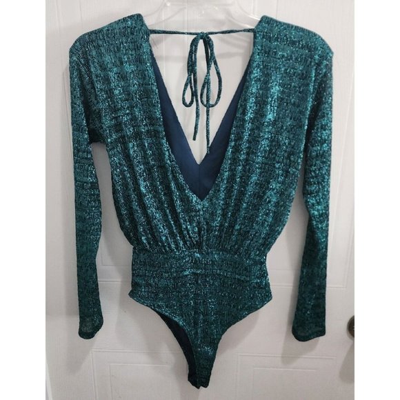 NWT Buckle Wanderlux Women's Metallic Teal Green Long Sleeve Bodysuit Size XS - Picture 6 of 13